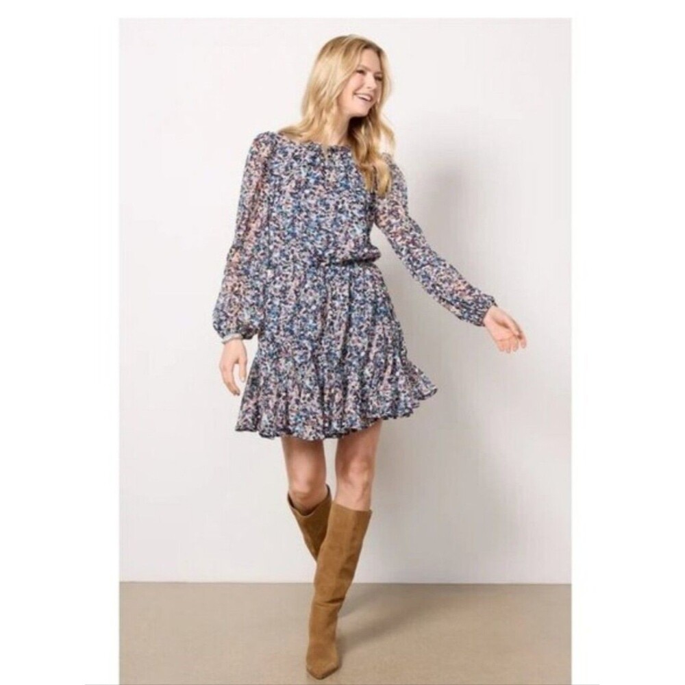 Evereve Floral Long Sleeve Smocked Mini Dress Blue Purple Boho Women's